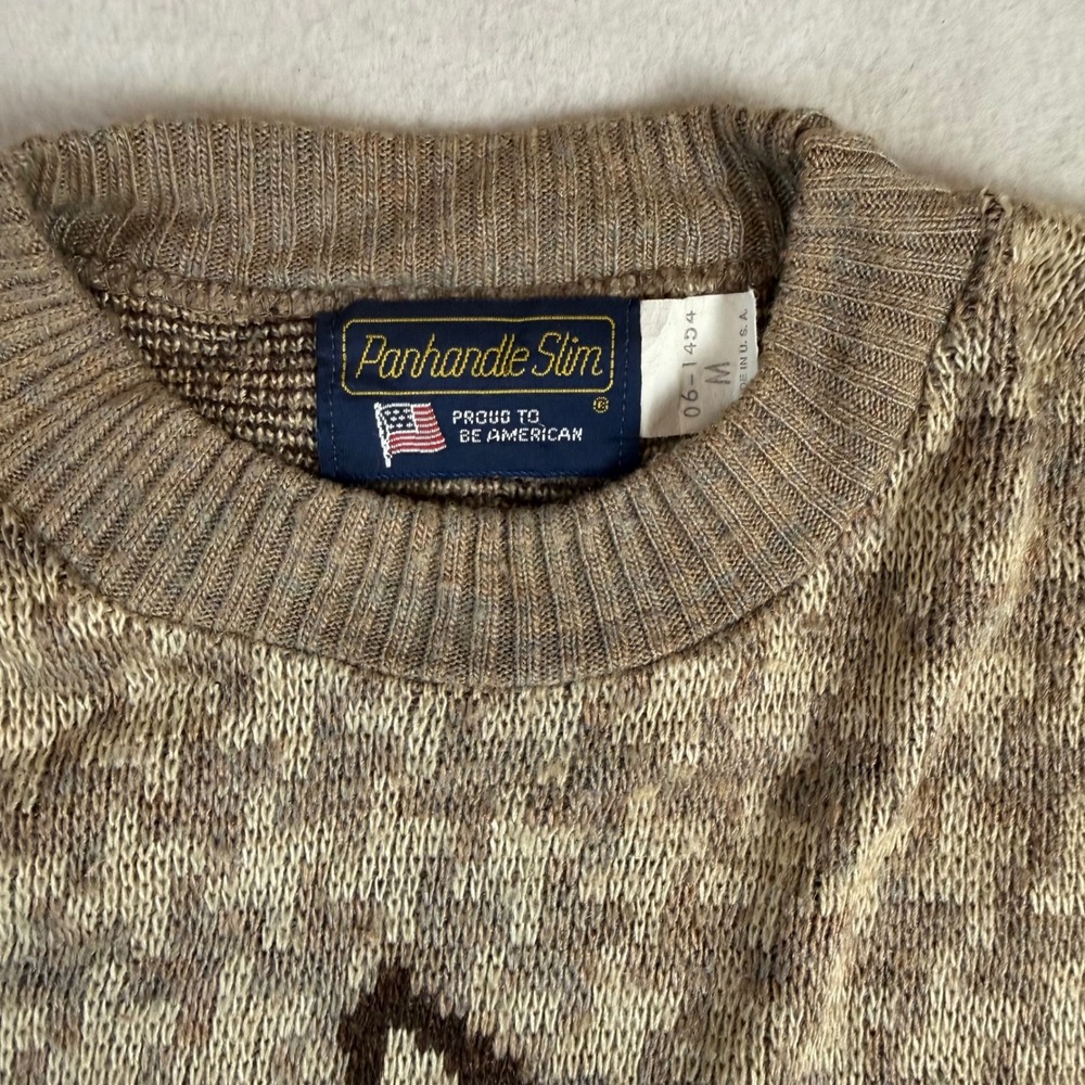 Panhandle Slim Men's Vintage Horse Graphic Houndstooth Knit Sweater Brown Tan M - Picture 2 of 6